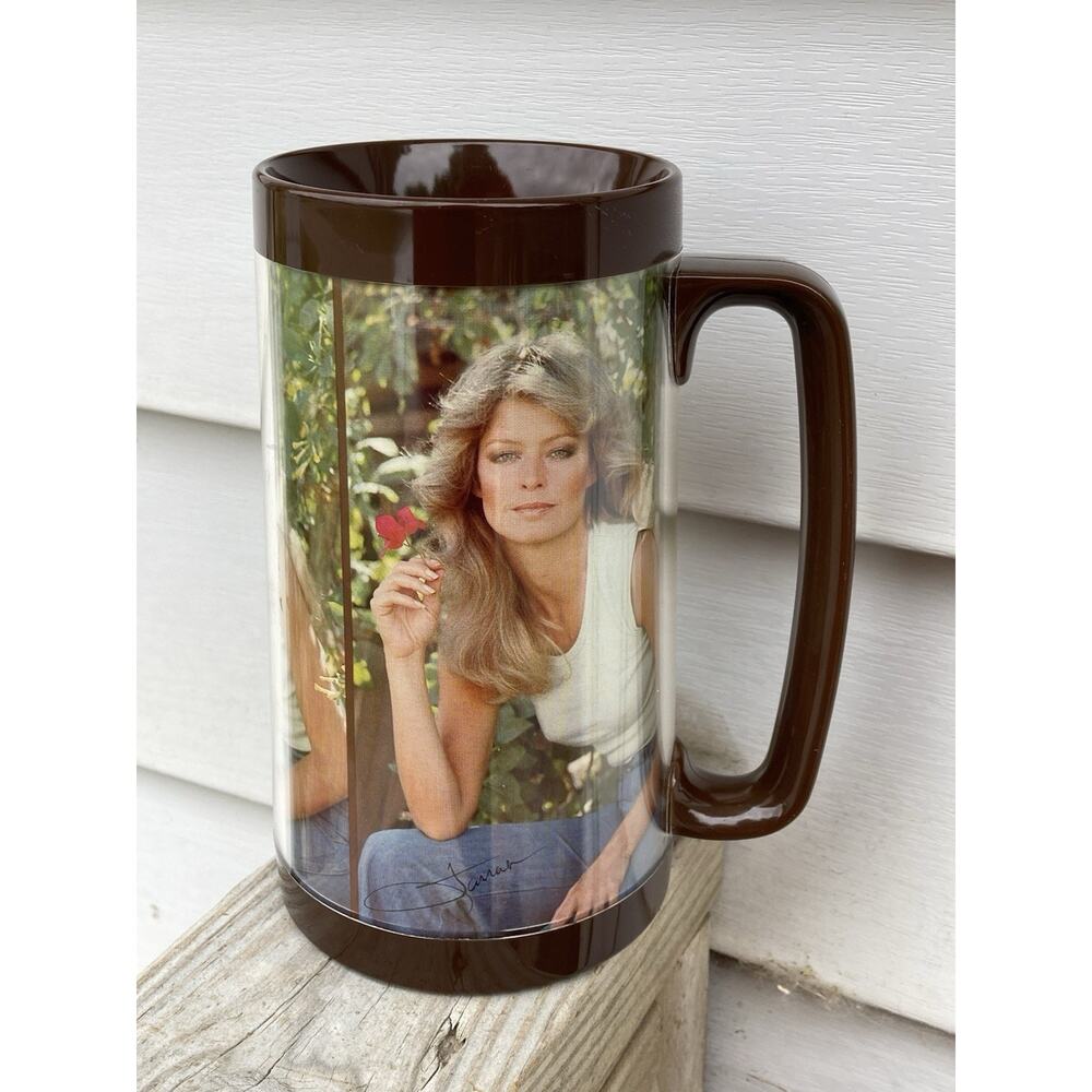 1977 Vintage Farrah Fawcett Coffee Cup Mug Made Brown Tall Pro Arts USA